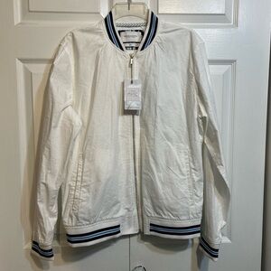 NWT Denim & Flower By Ricky Singh Size L Large Zip Oxford Jacket White Blue Trim